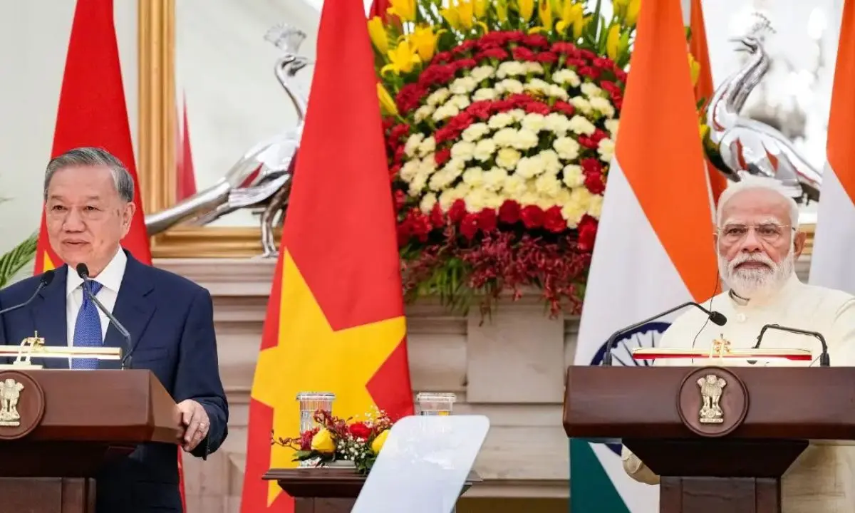 PM Modi and Vietnam President To Lam during a joint press brief in New Delhi, on Wednesday. PIC/PTI